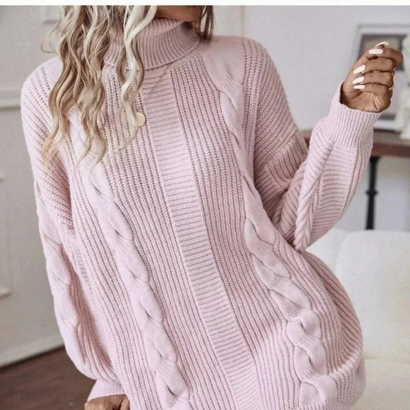 Baby Pink Casual Womens Turtleneck Cable Knit Drop Shoulder Sweater Dress - Picture 4 of 5